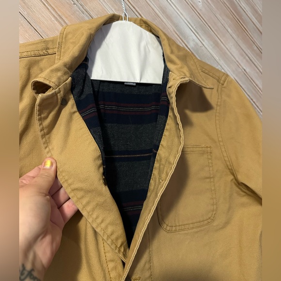 Old Navy Tan Khaki Navy Blue Plaid Lined Utility Jacket Button Up Warm Collar - Picture 3 of 10